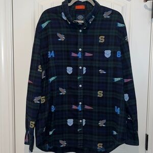 Preppy collegiate varsity game day long sleeve plaid button down shirt unisex XL